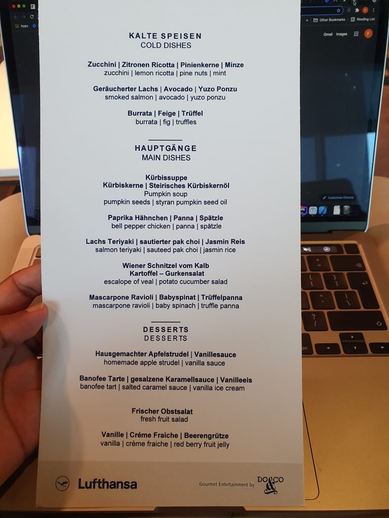 Lufthansa First Class Terminal Lunch Menu