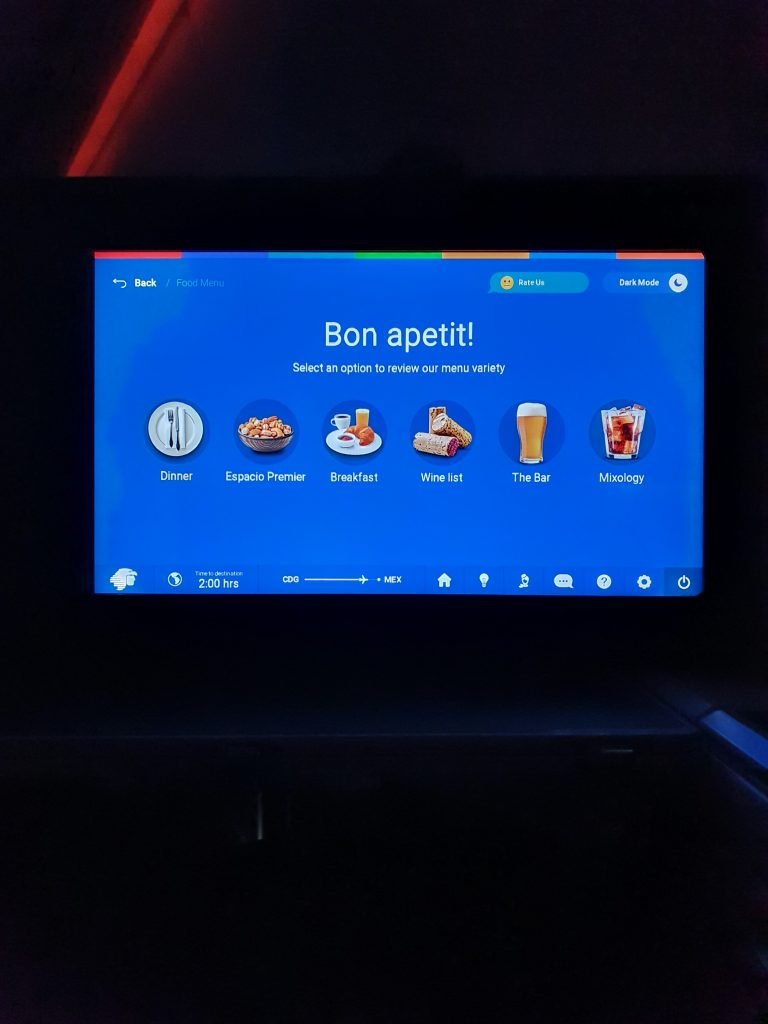 AeroMexico 787 9 Business Class OnScreen Menu