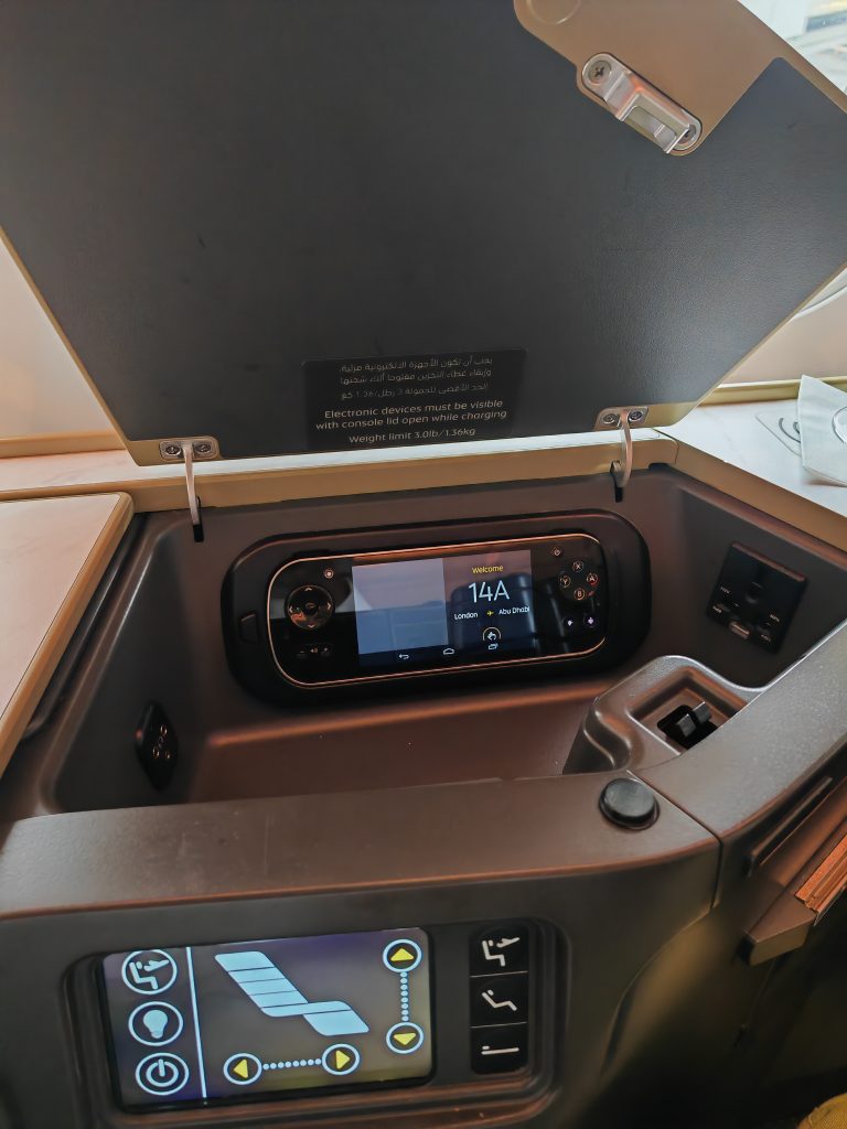 Etihad A350 Business Studio Storage and IFE Plus Seat Controls