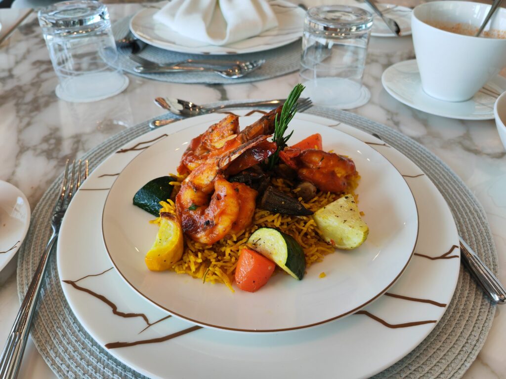 Oman Air First Class Lounge Prawn Macboos Lunch