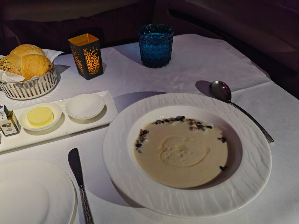 Qatar A380 First Class Cream Mushroom Soup