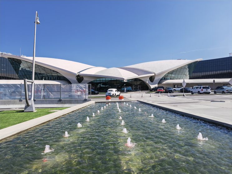 TWA Hotel Exterior View With Water Fountain