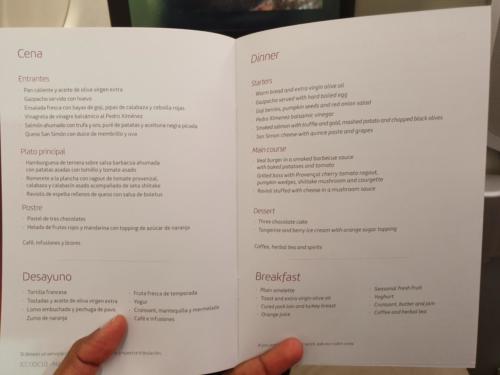 Iberia Business Class Food menu