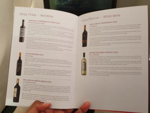 Iberia Business Wine menu